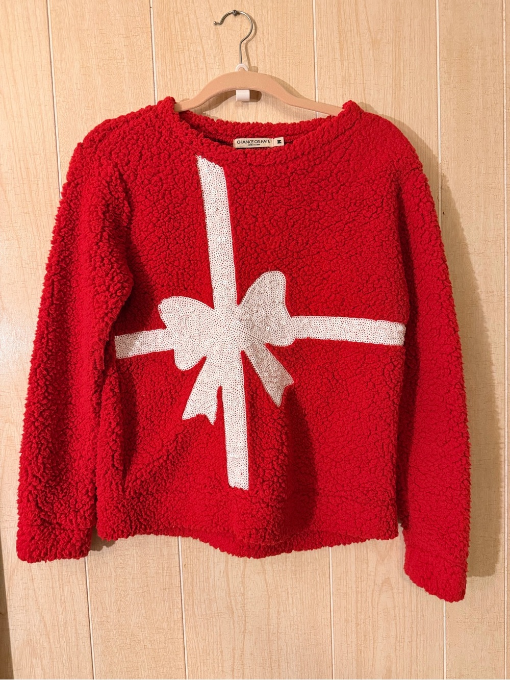 Chance or Fate Red Sherpa Crewneck with White Bow Graphic